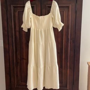 Pale yellow smocked top midi dress